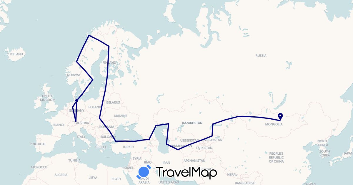 TravelMap itinerary: driving in Germany, Estonia, Finland, Georgia, Kyrgyzstan, Kazakhstan, Latvia, Mongolia, Norway, Romania, Russia, Sweden, Slovakia, Turkmenistan, Turkey, Uzbekistan (Asia, Europe)